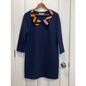 Traffic People Navy Textured Geometric Collar Dress Size M